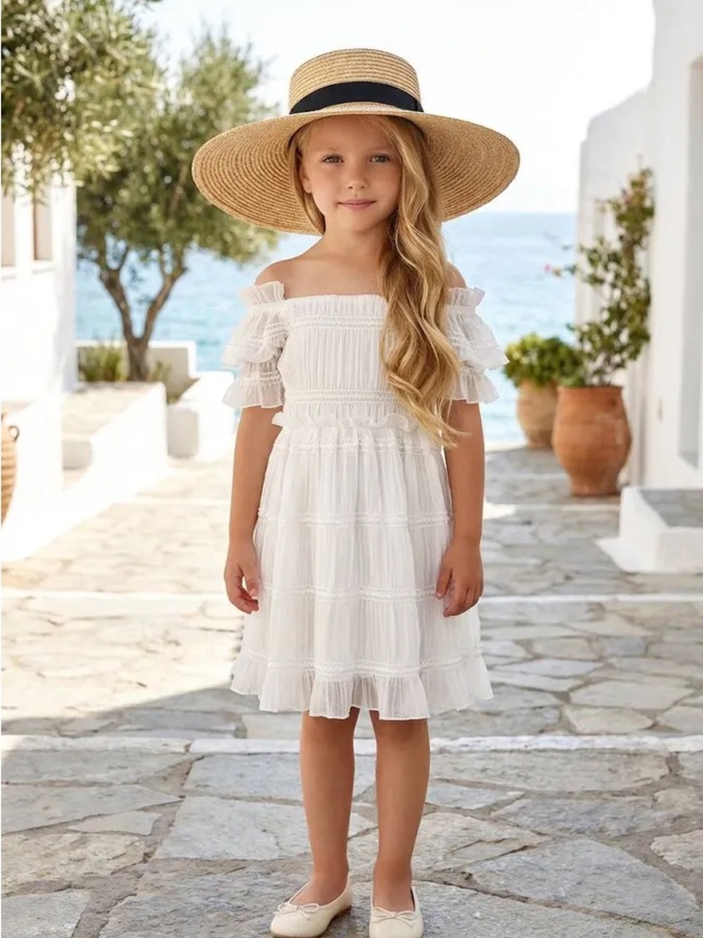 2bunnies Girls White Off-Shoulder Ruffle Dress